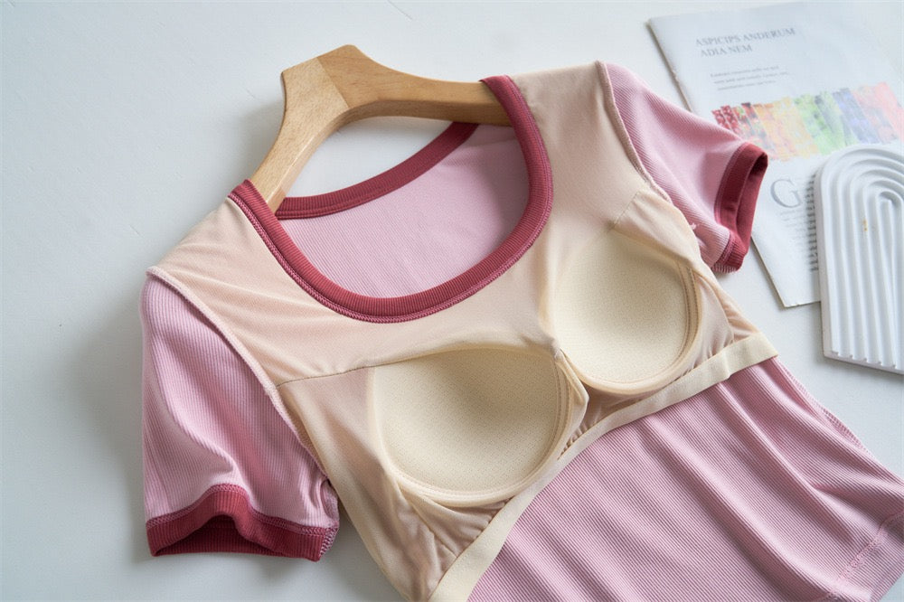 Macaron Contrast Built-In Bra Tshirt