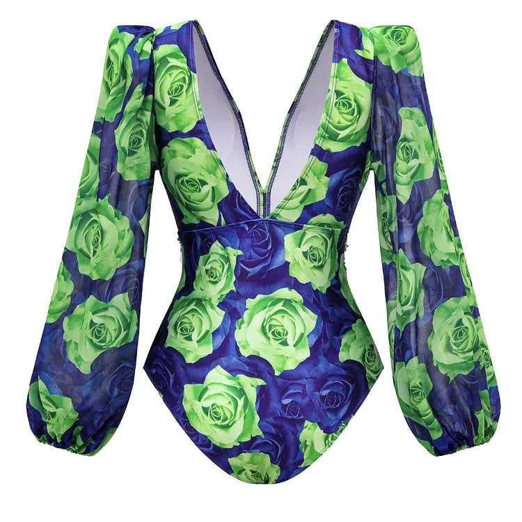 Green Rose Monokini With Skirt Set