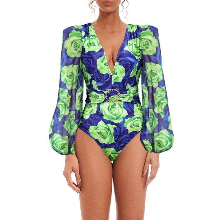 Green Rose Monokini With Skirt Set