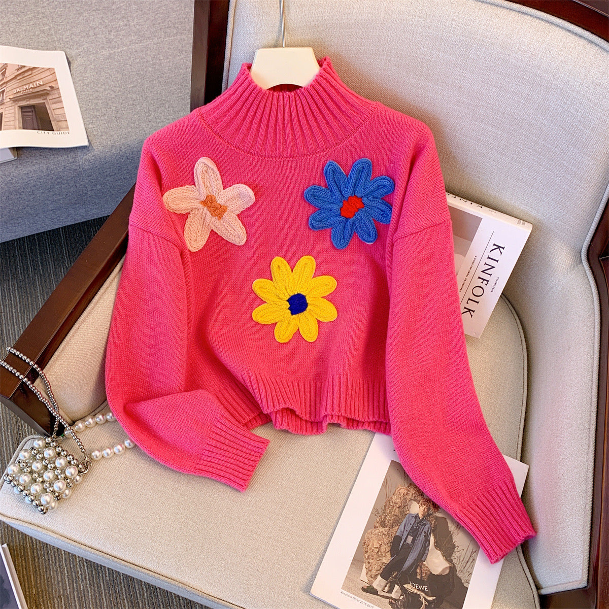 High Neck Knit Floral Jumper