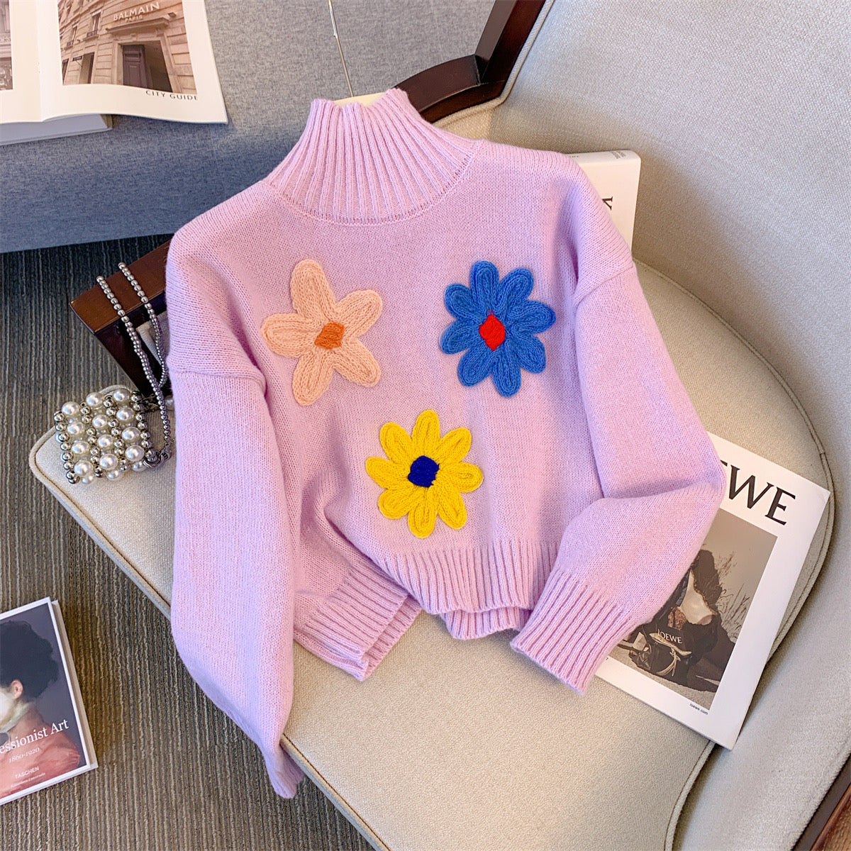 High Neck Knit Floral Jumper