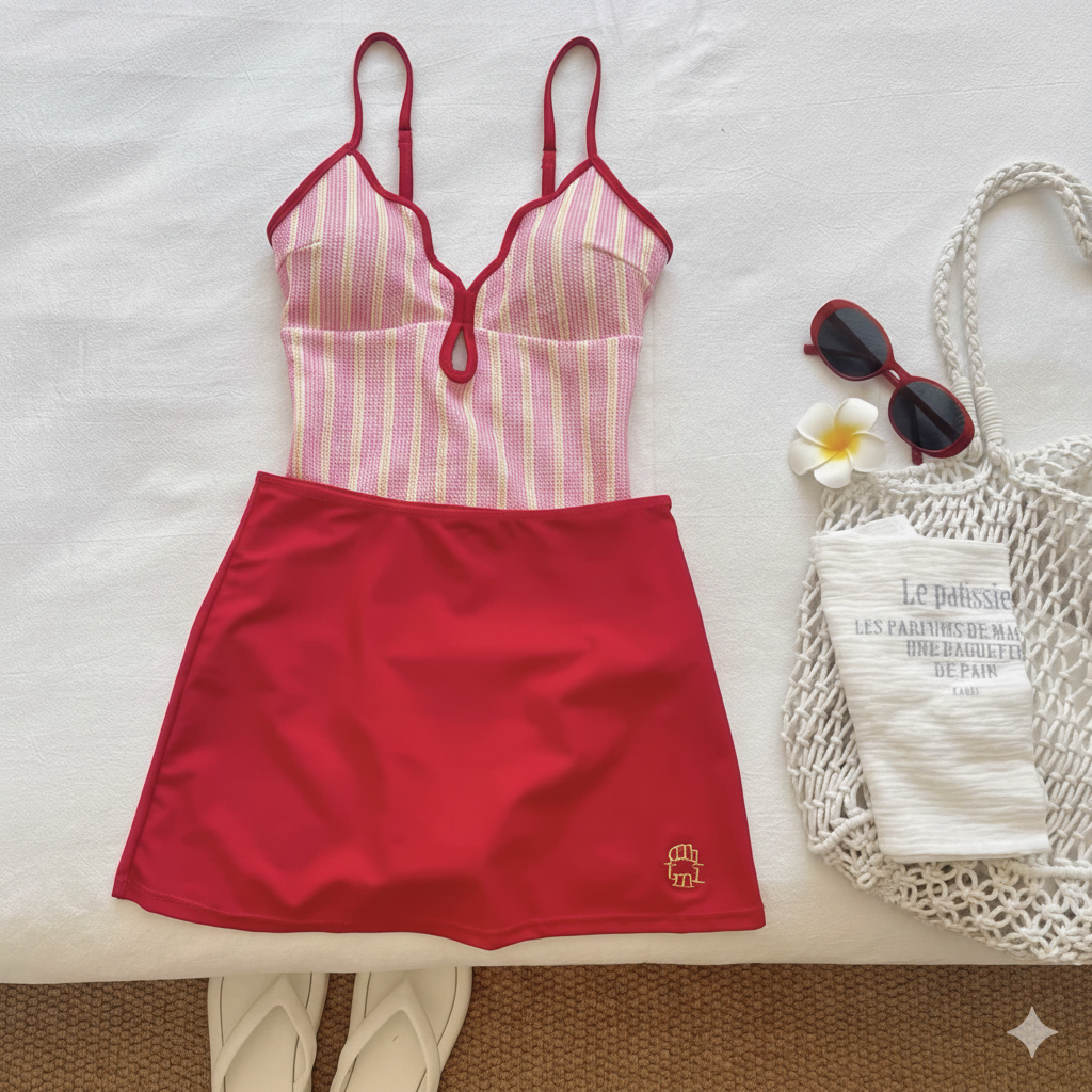 Rose Stripe Monokini With Skirt Set