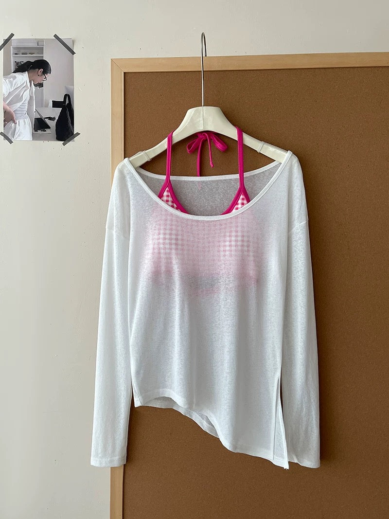 Playful Check Built-in Bra Top With Sheer Tee