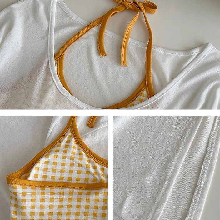 Playful Check Built-in Bra Top With Sheer Tee