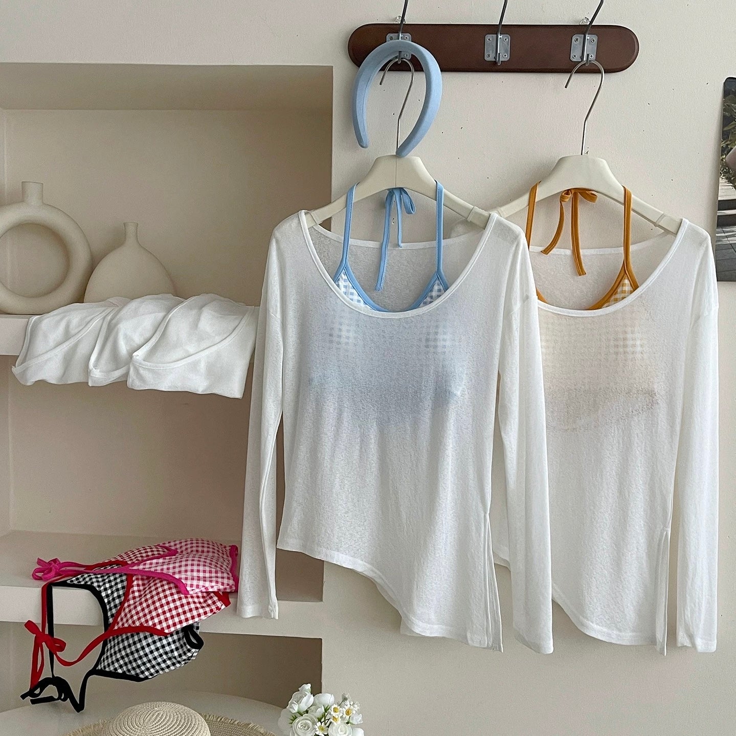 Playful Check Built-in Bra Top With Sheer Tee