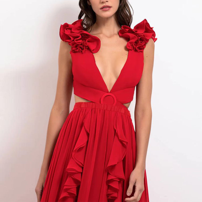 Deep Red Bikini With Ruffle Skirt