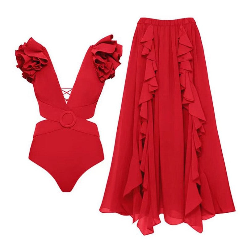 Deep Red Bikini With Ruffle Skirt