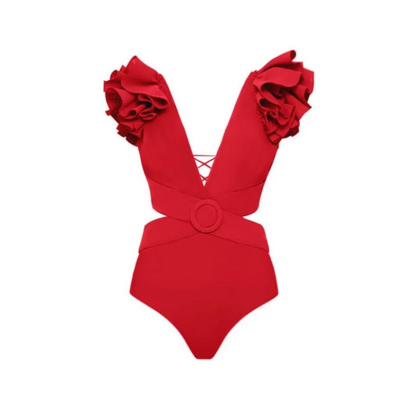 Deep Red Bikini With Ruffle Skirt