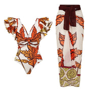 Maple Leaf Print Ruffle Swimsuit With Sarong