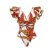 Maple Leaf Print Ruffle Swimsuit With Sarong