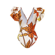 Maple Leaf Print Ruffle Swimsuit With Sarong