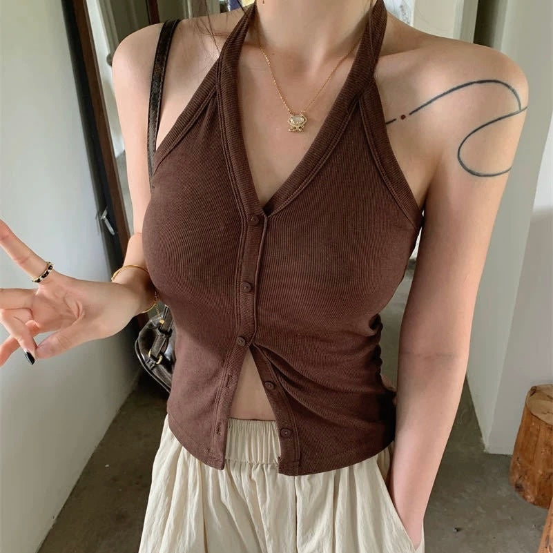 Prague Buttoned Halter Built-In Bra Tank Top