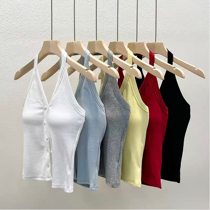 Prague Buttoned Halter Built-In Bra Tank Top