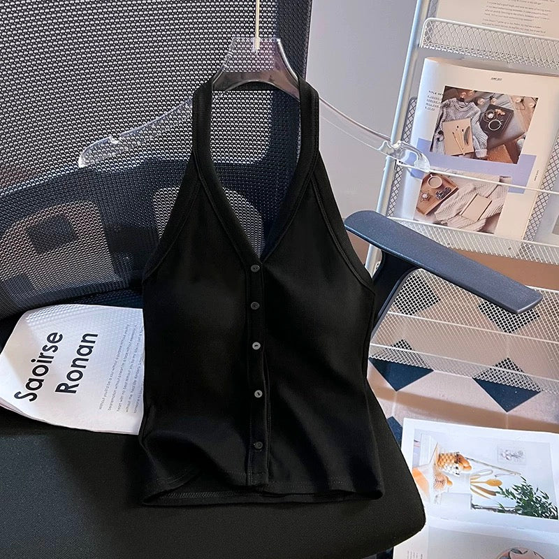 Prague Buttoned Halter Built-In Bra Tank Top