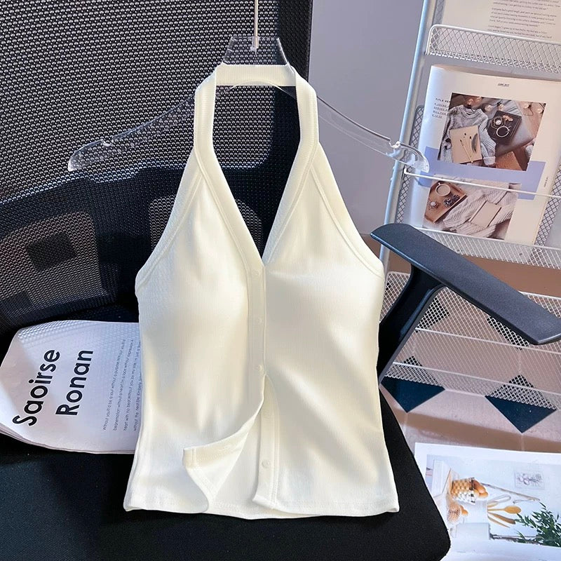 Prague Buttoned Halter Built-In Bra Tank Top