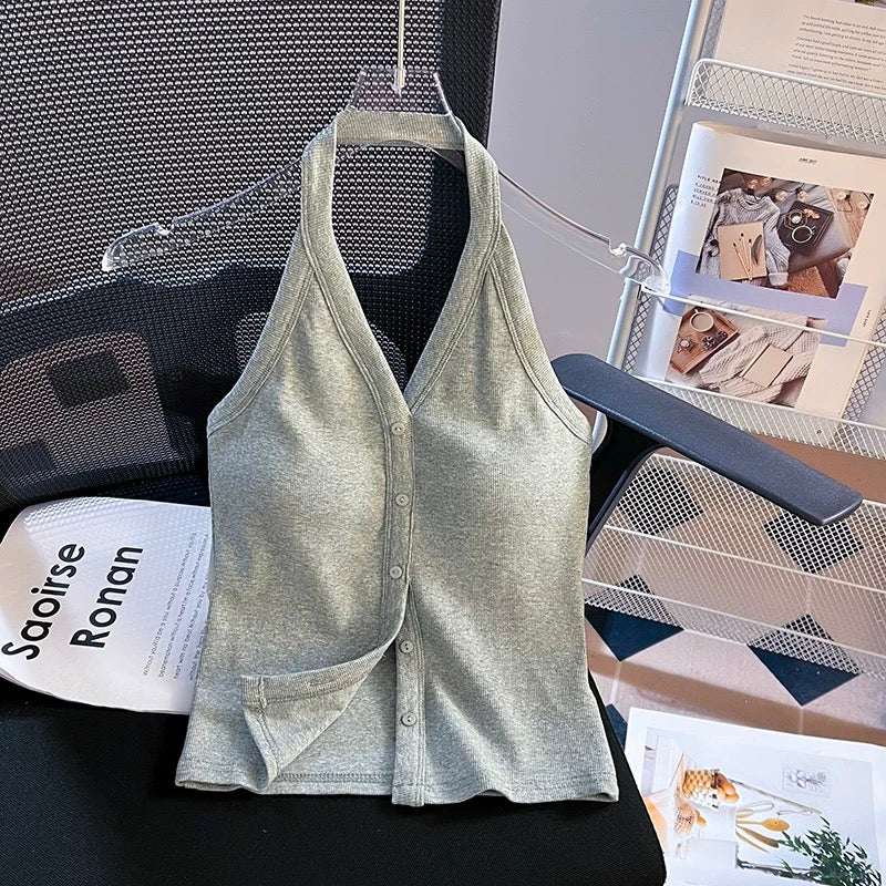 Prague Buttoned Halter Built-In Bra Tank Top