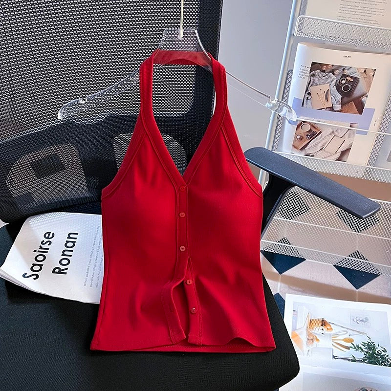 Prague Buttoned Halter Built-In Bra Tank Top