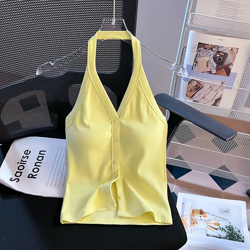 Prague Buttoned Halter Built-In Bra Tank Top
