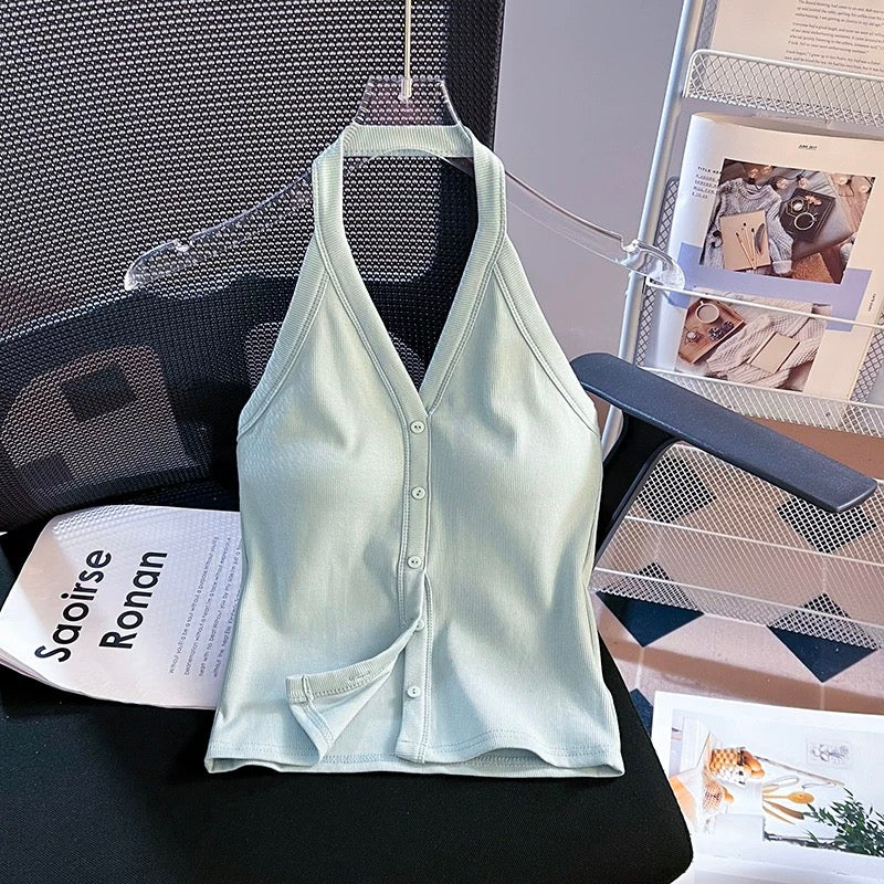 Prague Buttoned Halter Built-In Bra Tank Top