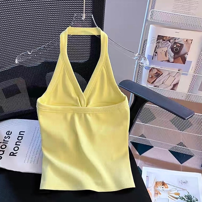 Prague Buttoned Halter Built-In Bra Tank Top