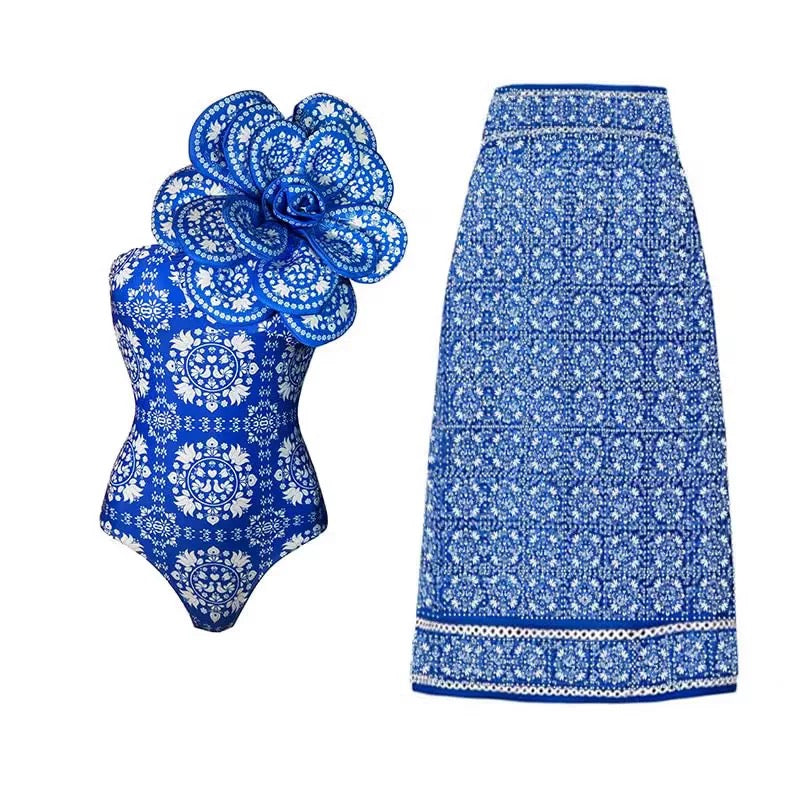 Indigo Petal Monokini with Skirt Set