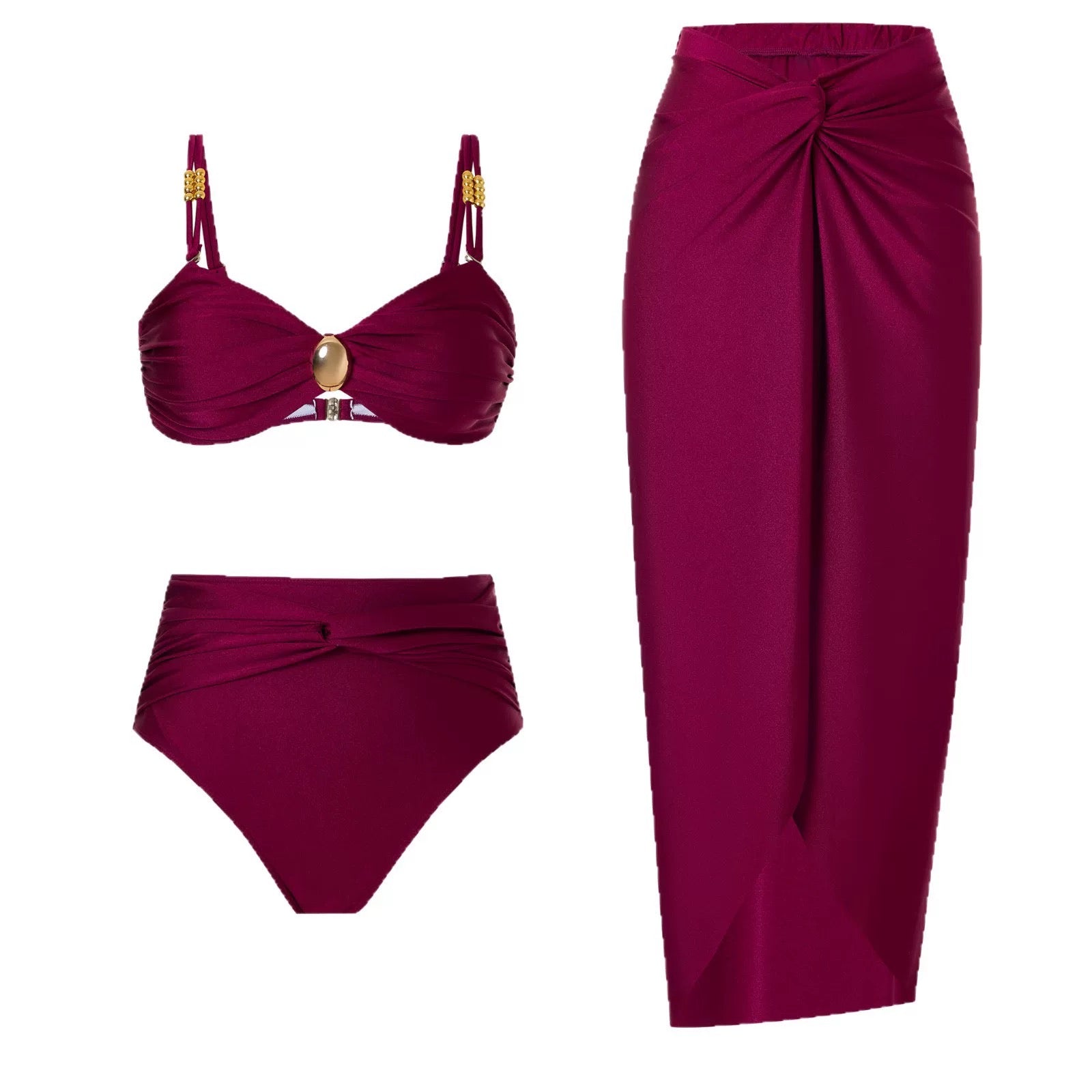 Unbothered In Wine Bikini With Skirt Set