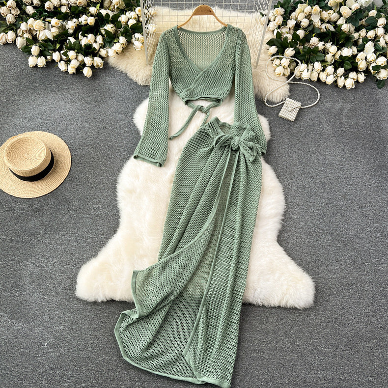 Hollow Cutout Crochet Top and Skirt Set