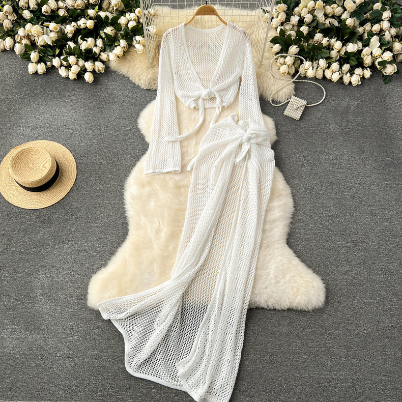 Hollow Cutout Crochet Top and Skirt Set