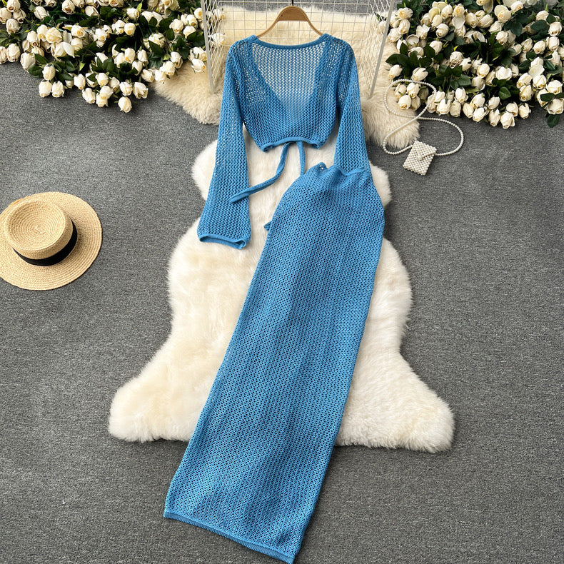 Hollow Cutout Crochet Top and Skirt Set