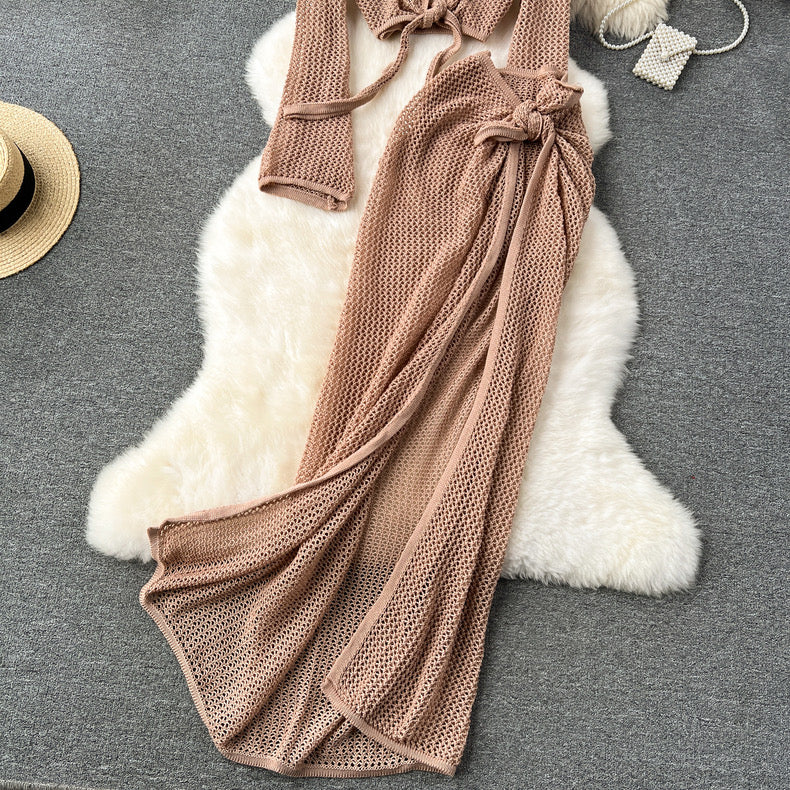 Hollow Cutout Crochet Top and Skirt Set