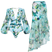 Blue Paradise Floral Monokini and Ruffle Skirt Set