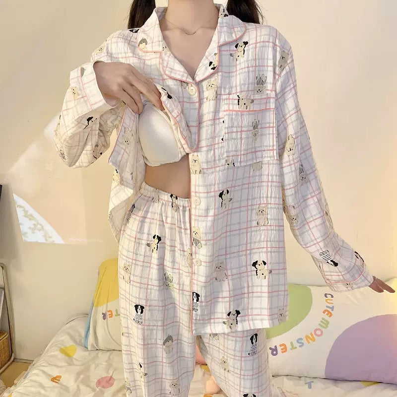 Puppy Patch Windowpane Padded Nightsuit - 3Pc Set