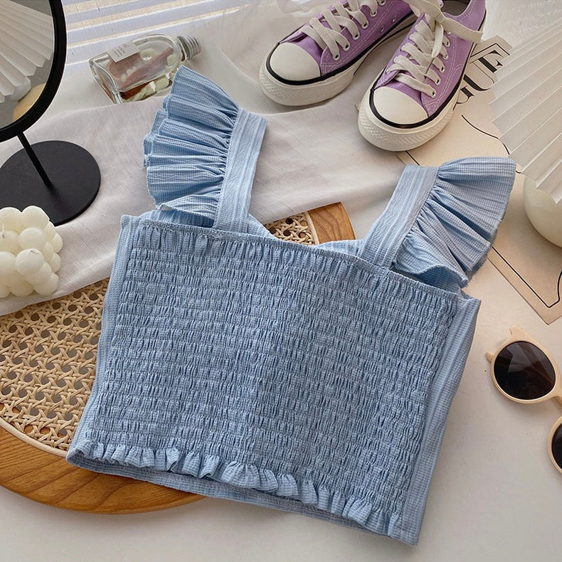 Ruffle Charm Ribbed Built-In Bra Crop Top