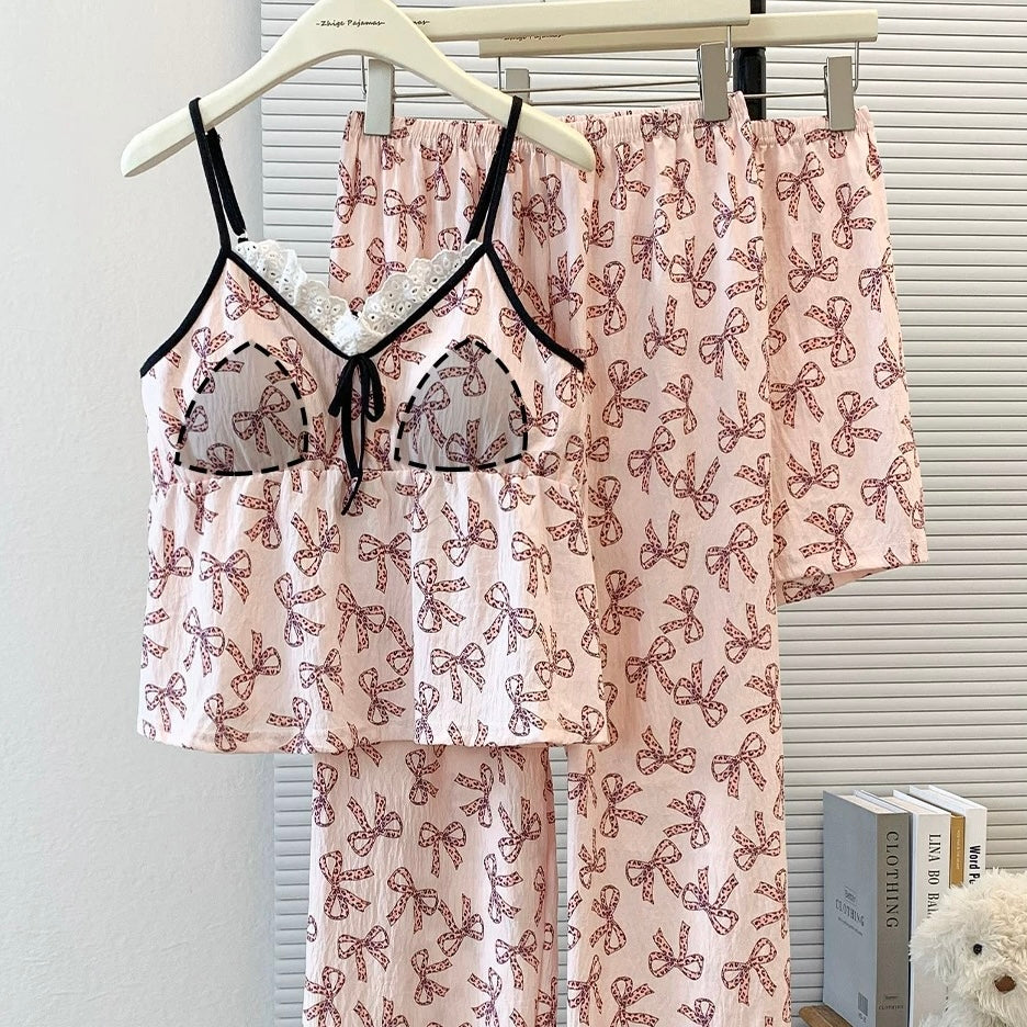 Bow Ribbon Lace Padded Nightsuit -3pc Set