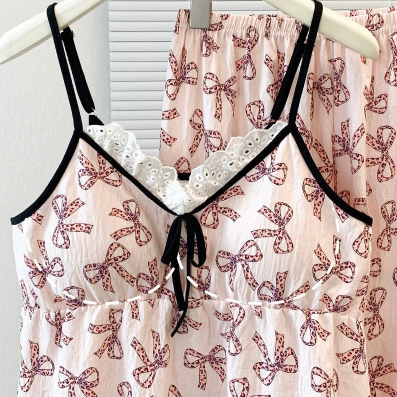 Bow Ribbon Lace Padded Nightsuit -3pc Set