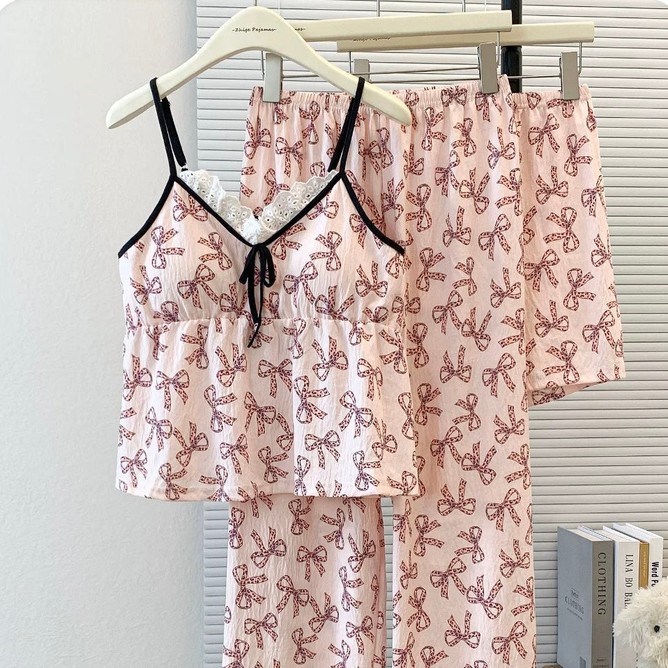 Bow Ribbon Lace Padded Nightsuit -3pc Set