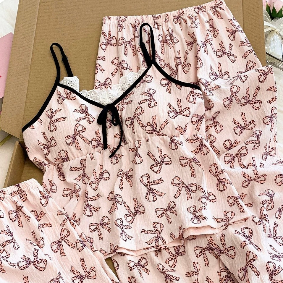 Bow Ribbon Lace Padded Nightsuit -3pc Set