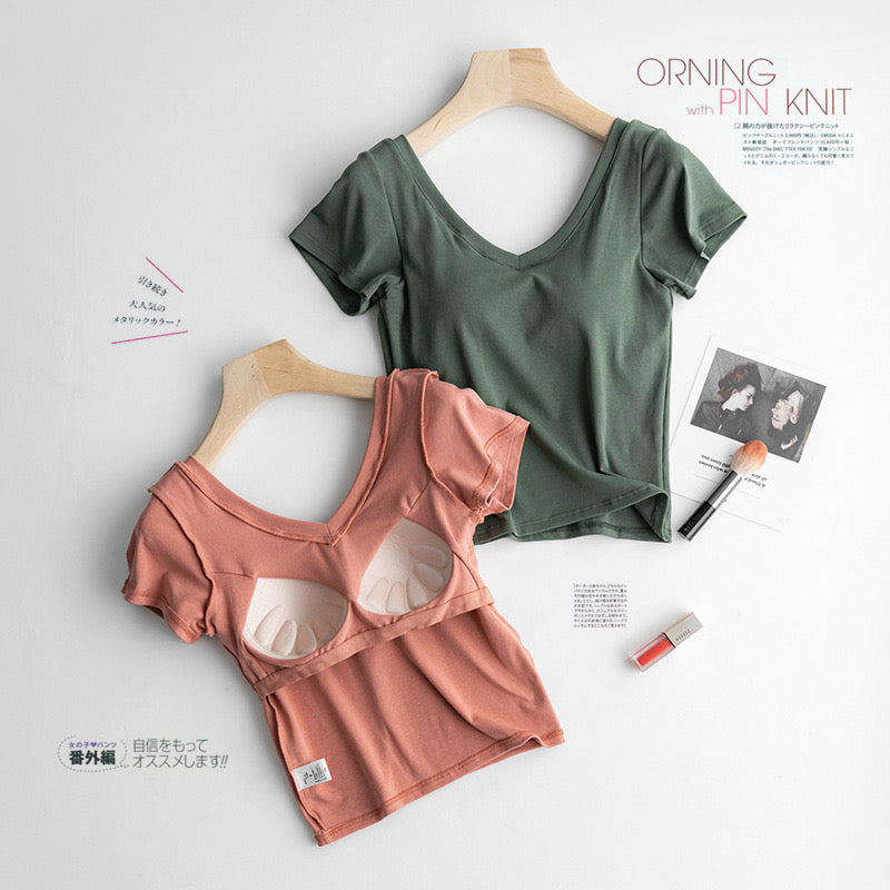 Cassie Built-In Bra V-Neck T-shirt