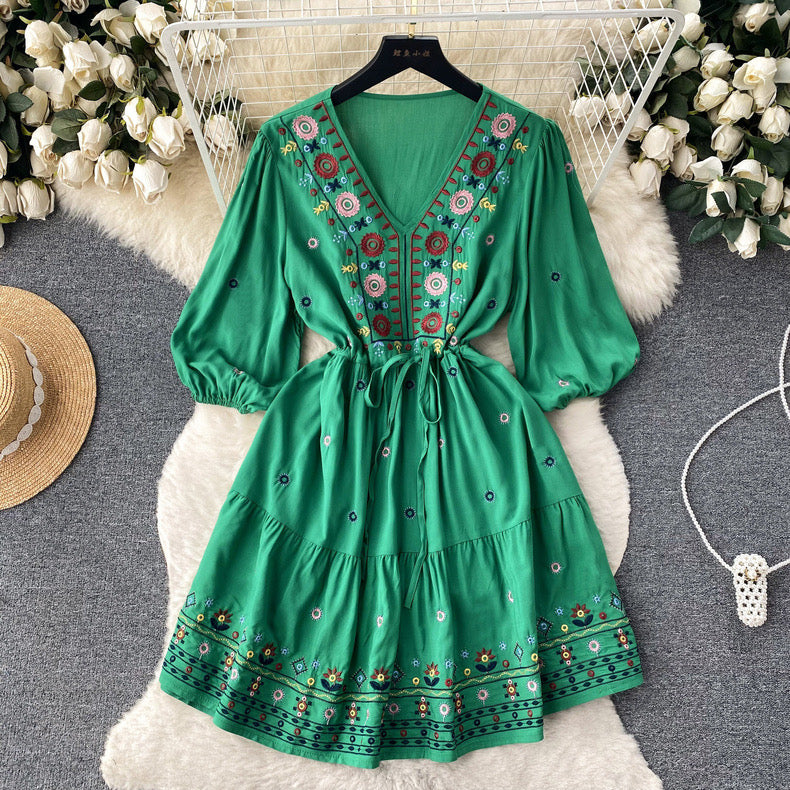 Embroidered V Neck Smock Dress