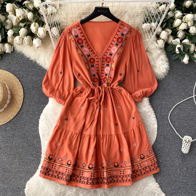 Embroidered V Neck Smock Dress