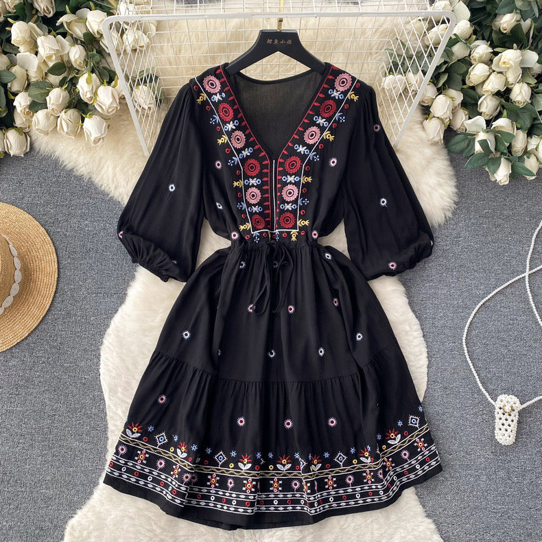 Embroidered V Neck Smock Dress