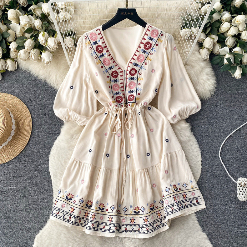 Embroidered V Neck Smock Dress
