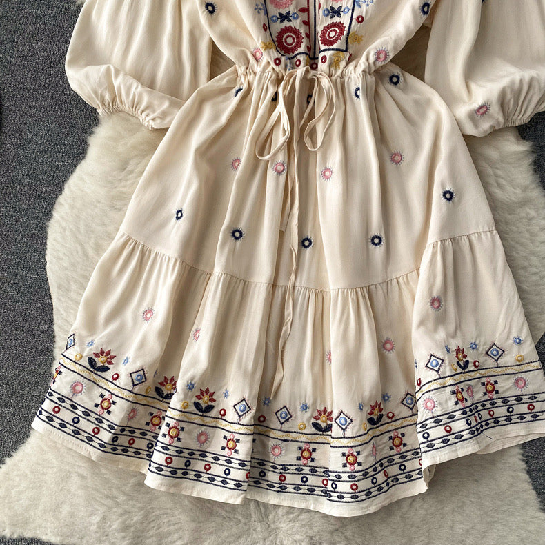 Embroidered V Neck Smock Dress