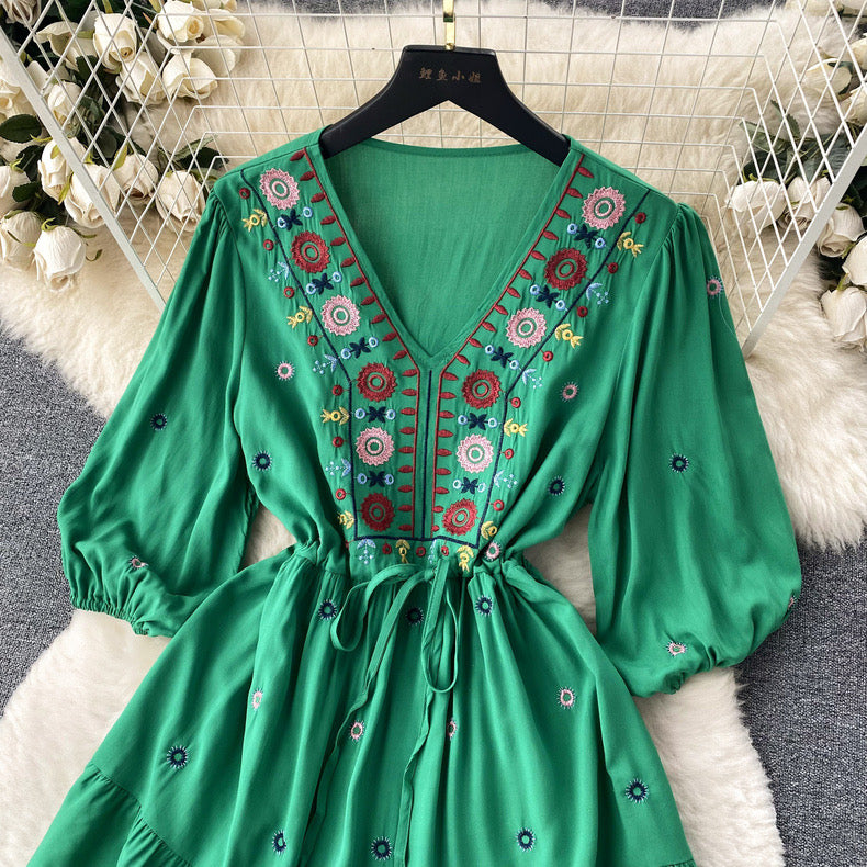 Embroidered V Neck Smock Dress