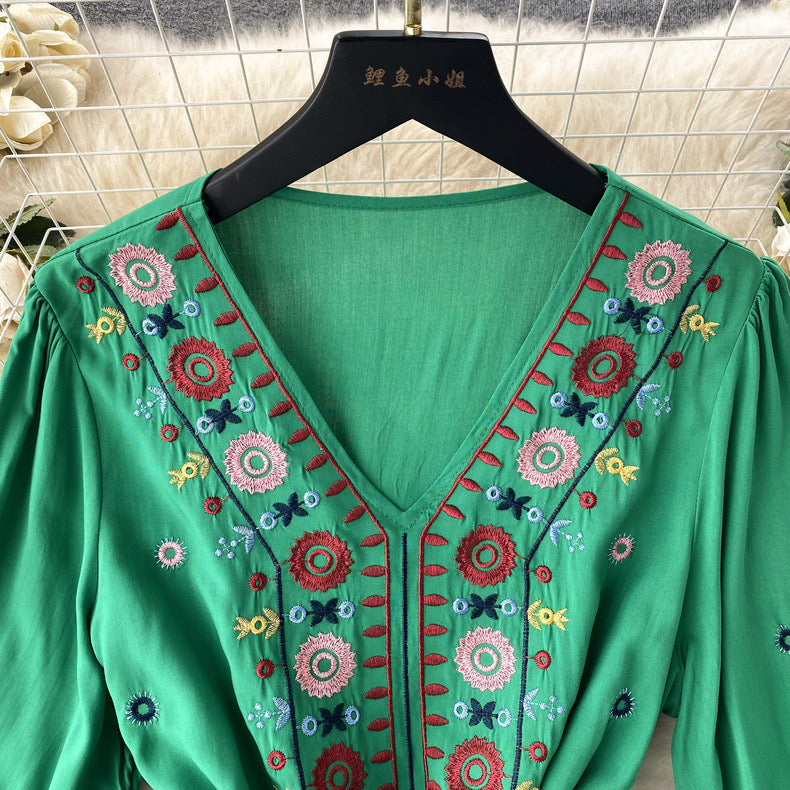 Embroidered V Neck Smock Dress