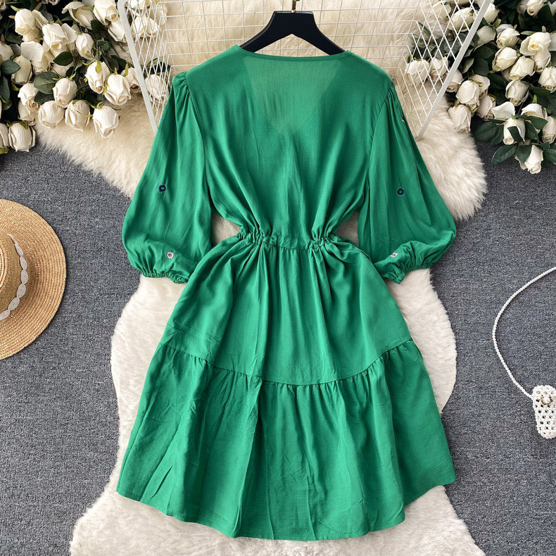 Embroidered V Neck Smock Dress