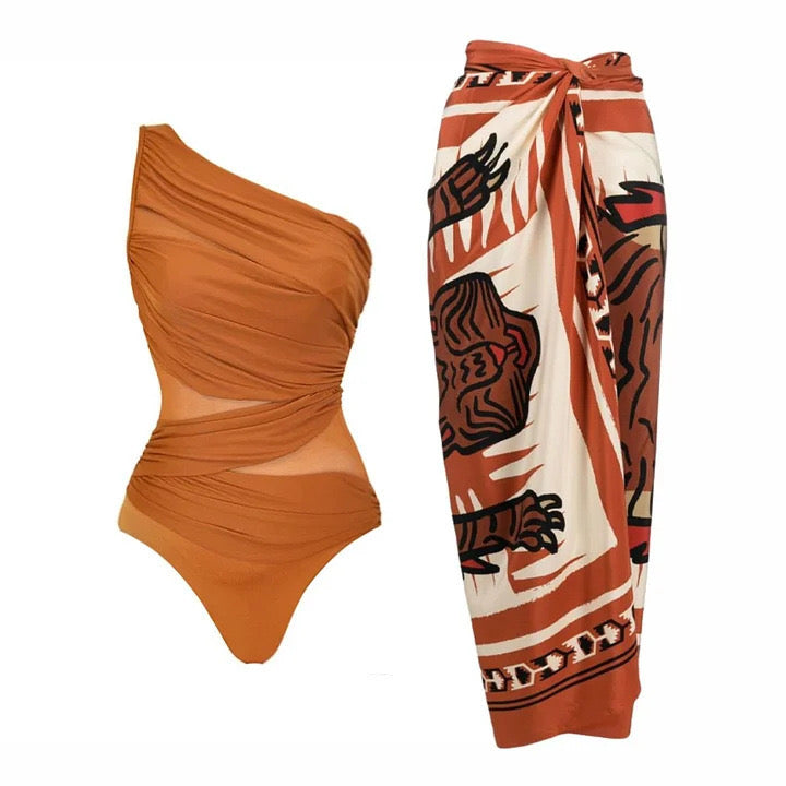 Rust One-Shoulder Monokini & Wrap Skirt Set