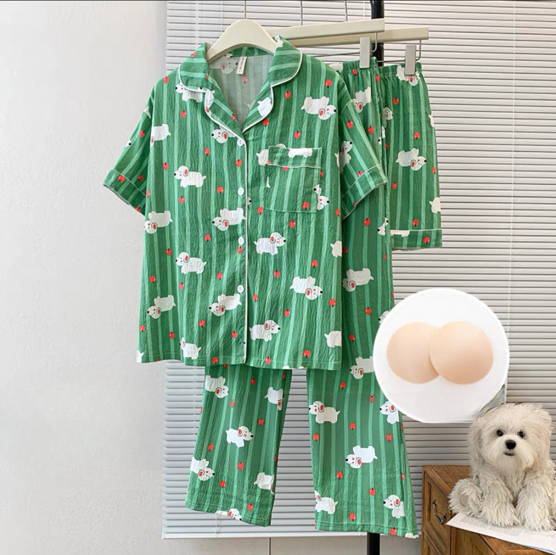 Green Snoozy Pup Padded Nightsuit- 3pc set