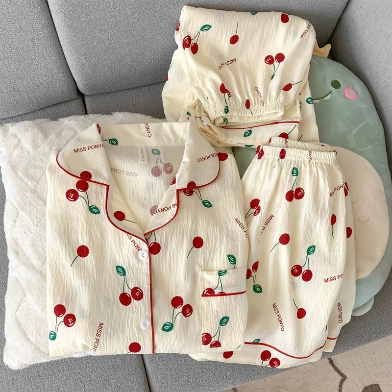 Red Cherry Bliss Padded Nightsuit - 3pc set