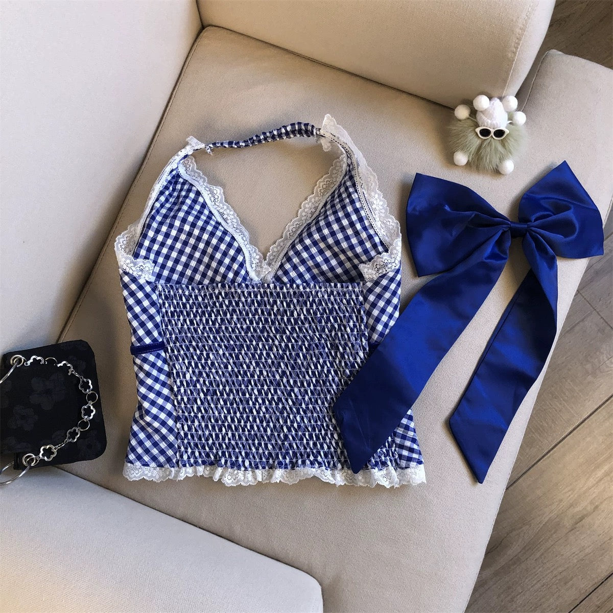 Check Halter Neck Built-In Bra Top